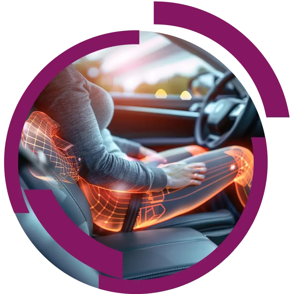 Person sitzt auf Fahrersitz, orange digitale Drahtgitter-Animation hebt Sitz- und Beinbereich hervor, Lenkrad und Autoinnenraum sichtbar.