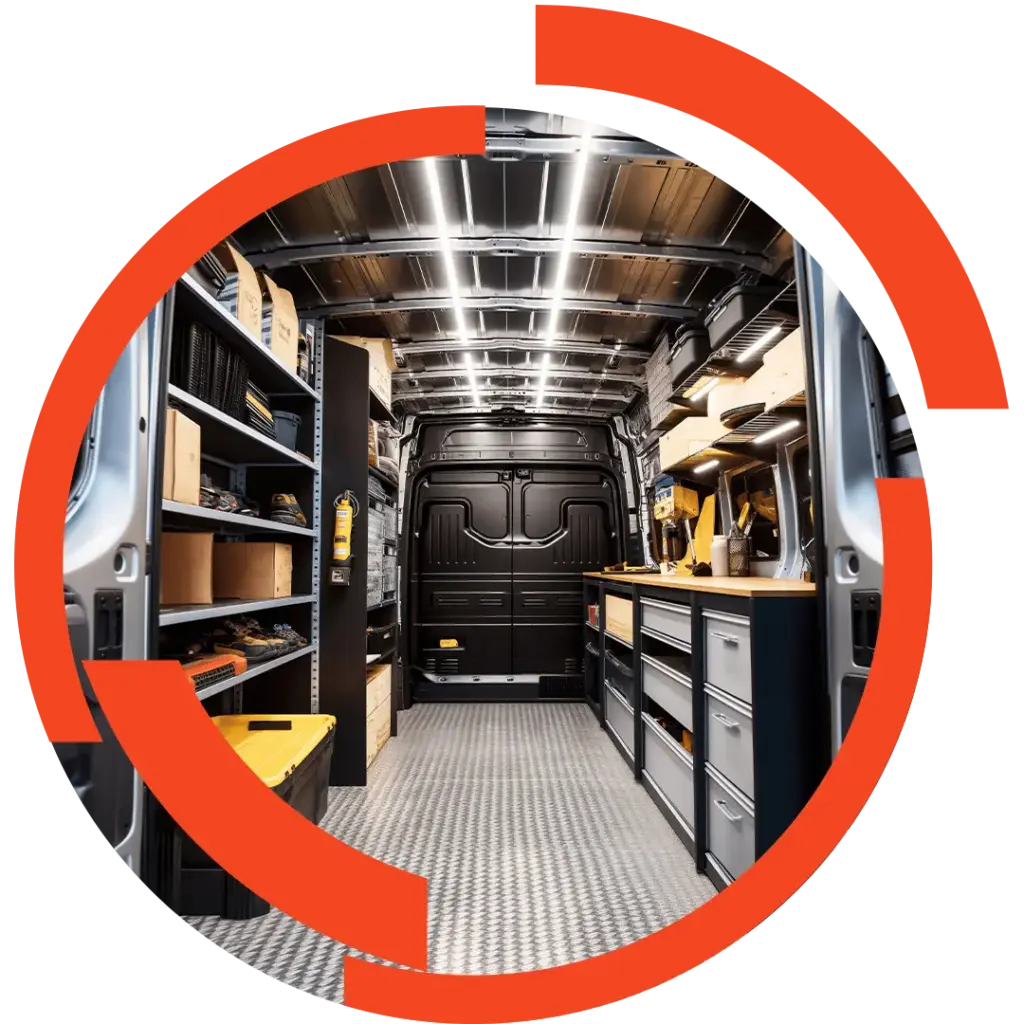 Innenraum eines gut organisierten Transporters mit Regalen, Schubladen, Werkbank und Werkzeug in kreisförmigem roten Rahmen.
