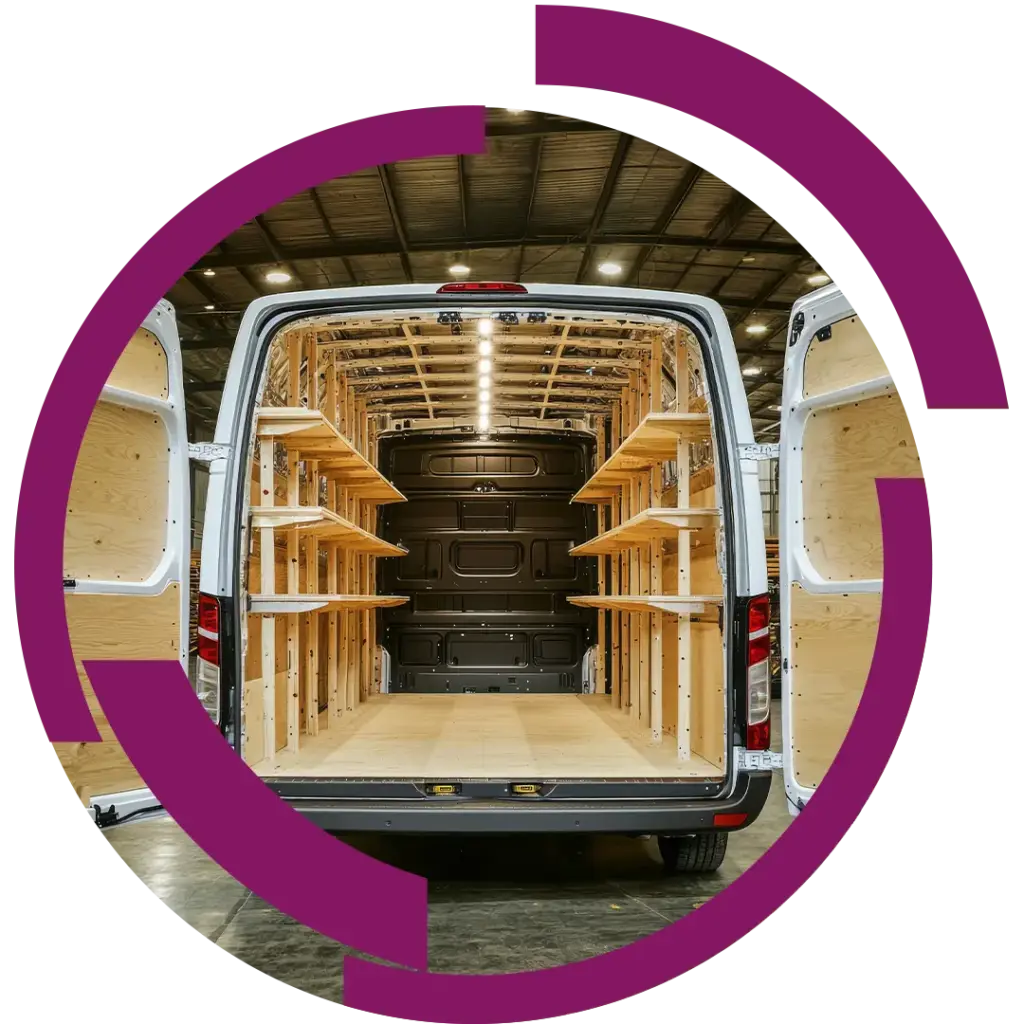 Kofferraum eines Lieferwagens mit offenen Hecktüren, innenausbau aus Holzregalen und Beleuchtung in einer Lagerhalle.