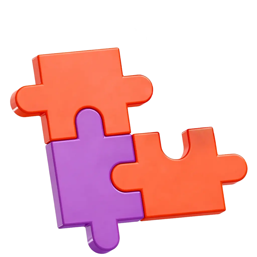 Drei ineinandergreifende Kunststoff-Puzzleteile in Orange und Lila, perspektivisch angeordnet auf weißem Hintergrund.