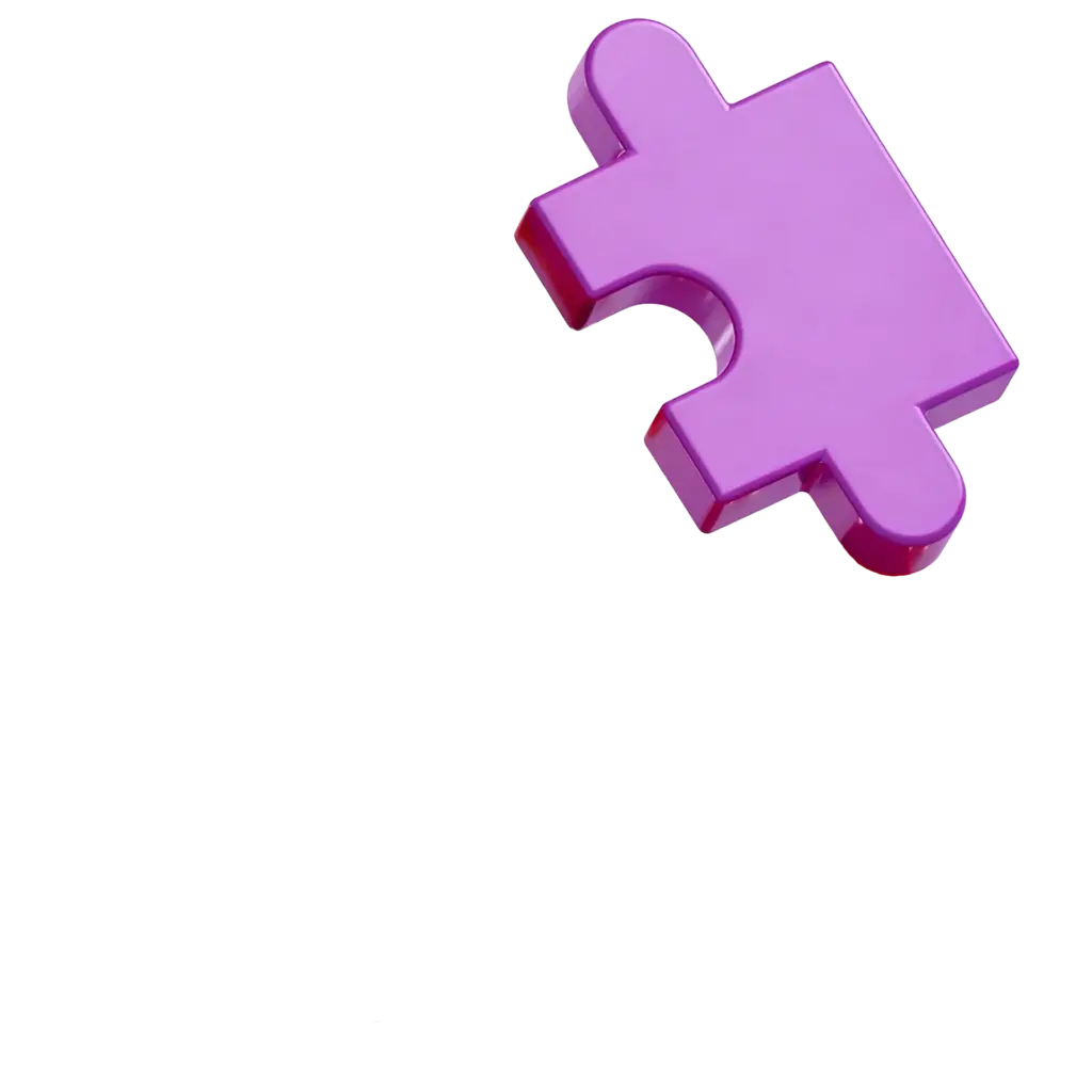 Lila, glänzendes Puzzleteil oben rechts vor weißem Hintergrund, leichte Schatten und dünne lila Linie am unteren Rand