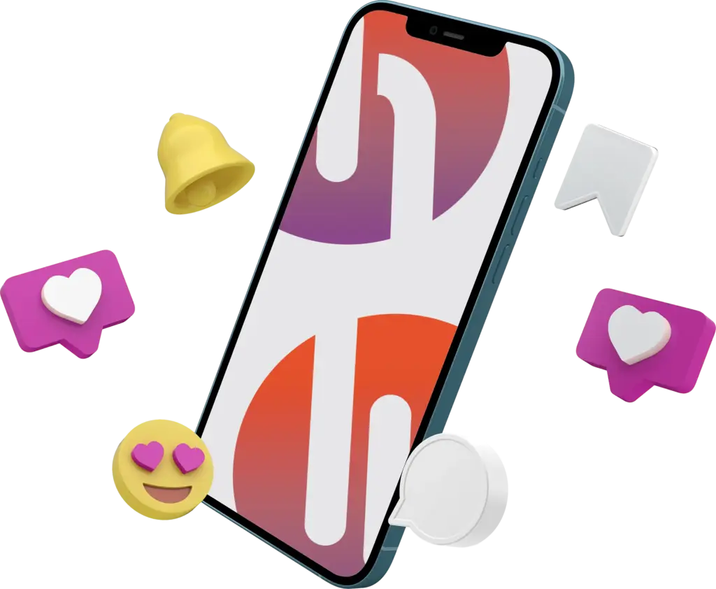 Smartphone mit abstraktem rotschwarz-weißem Bildschirmmotiv, umgeben von Social-Media-Icons wie Herz-Benachrichtigung, Like-Emoji, Glocke und Kommentarblase.